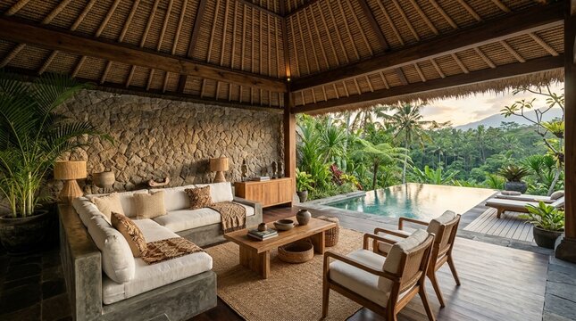 Tropical villa living room with infinity pool and jungle view