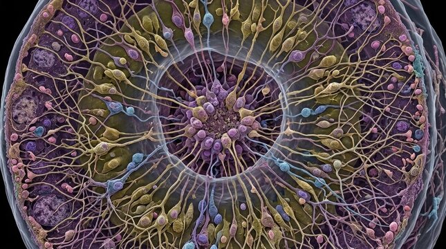 Stem cell progenitor demonstrating neural differentiation, growing multicellular organoid sphere structure, showing active neurogenesis process, microscopic biology tissue specimen culture.