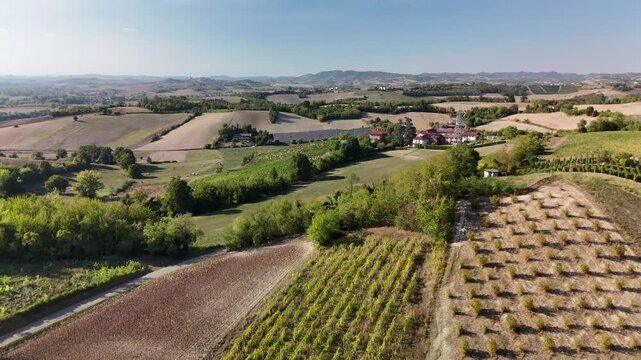 Aerial drone view of vineyards, hazelnut groves and farmhouses on rolling hills in Monferrato, Piedmont, Italy