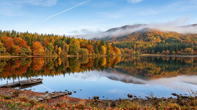 Serene Autumn Landscape of Loch Chon with Calm Water Reflection, Wooden Boat, and Misty Mountains in Scotland