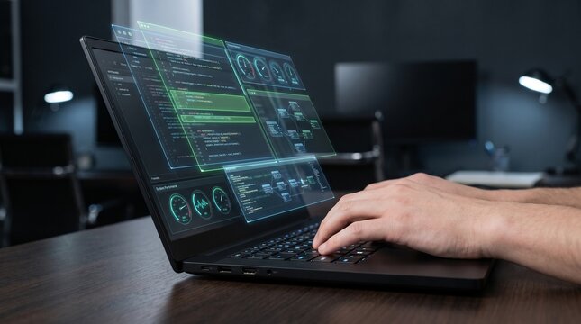 Futuristic software developer coding on laptop, holographic data interface on computer screen, programmer working with digital analytics and cyber security code