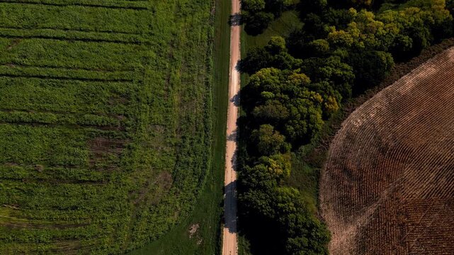 Aerial over green crop rows and a dirt farm track in rural Kansas