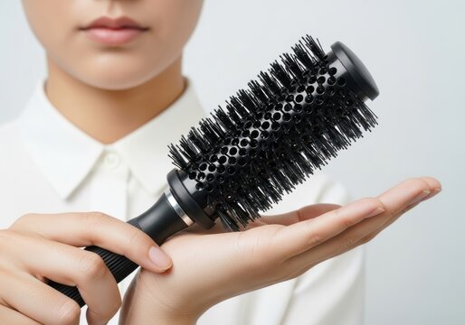Person holding a professional round hair brush for styling