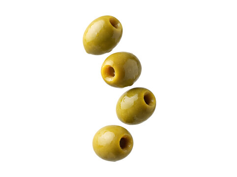 Falling pitted green olives in vertical cascade, Mediterranean snack and martini garnish isolated on transparent background