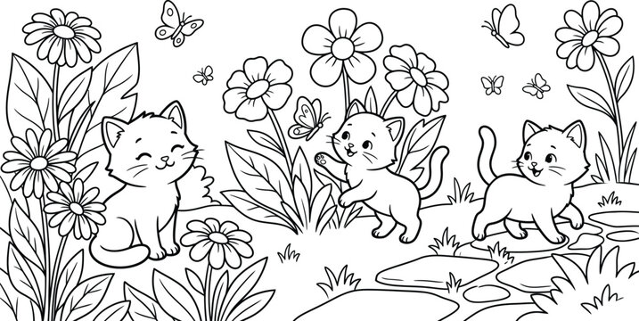 Playful Kittens and Butterflies in Flower Garden for Coloring Book