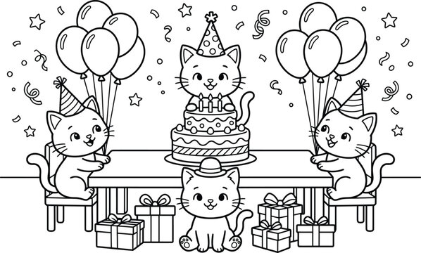 Cute Cat Birthday Party Celebration with Balloons and Gifts for Coloring Book