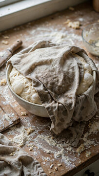 Dough proofing in bowl covered with damp cloth on rustic wooden counter