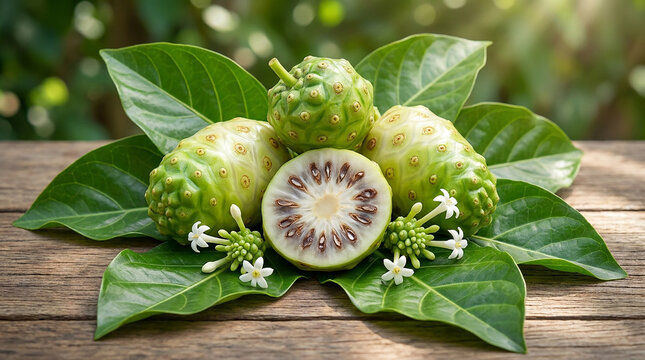 Freshly sliced soursop fruit with leaves on rustic wooden surface for food packaging and organic product branding