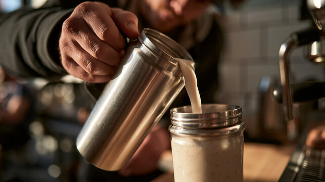 Barista Pouring Steamed Milk to Prepare Coffee Beverage