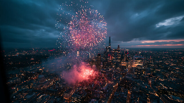 Fireworks Exploding Over London City Skyline at Night