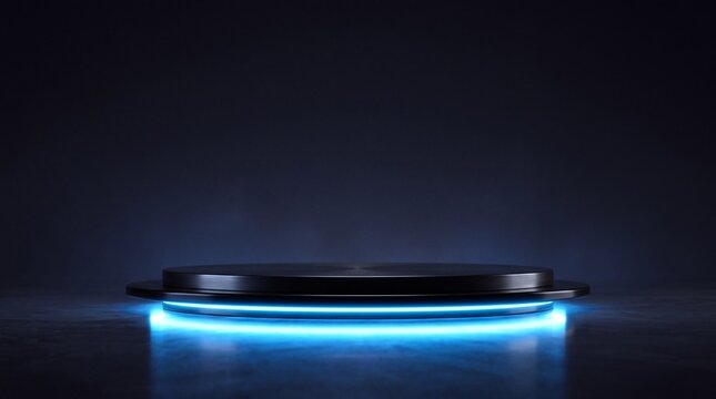 Futuristic Black Podium with Neon Blue Light for Product Display
