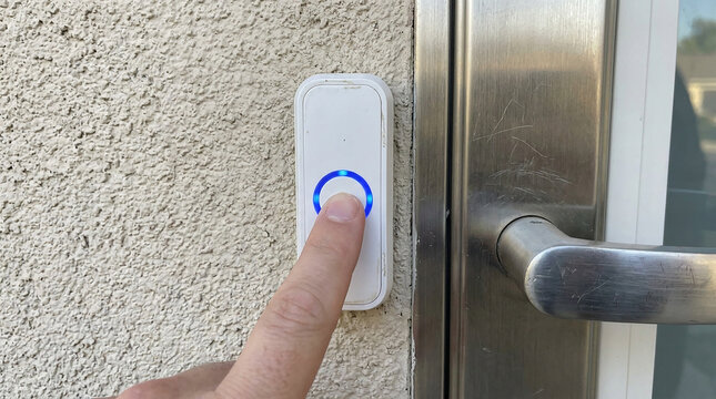 Person using smart doorbell with fingerprint sensor on residential entrance door