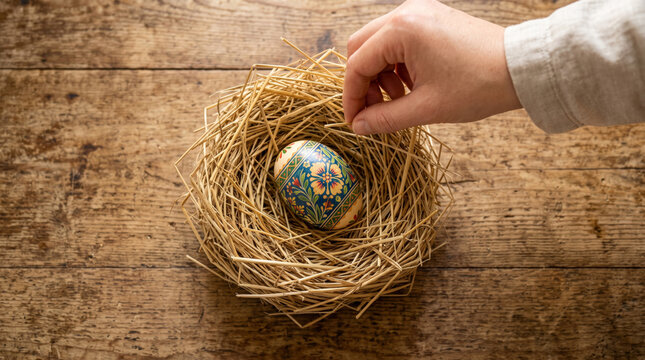 Hand placing decorative egg in straw nest on rustic wooden table