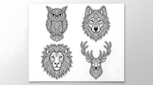 Mandala Animal Line Art Vector Set with Owl Wolf Lion Deer