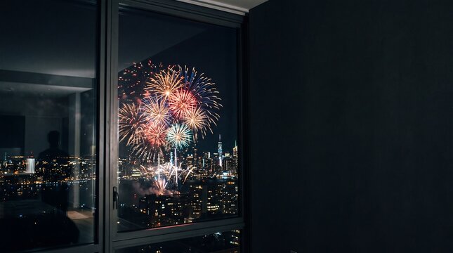 Fireworks Celebration Over City Skyline Viewed from Apartment Window