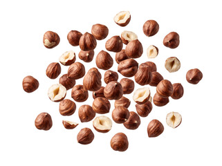 Obraz premium Scattered shelled hazelnuts with cut halves, organic raw filbert nut kernels isolated on transparent background