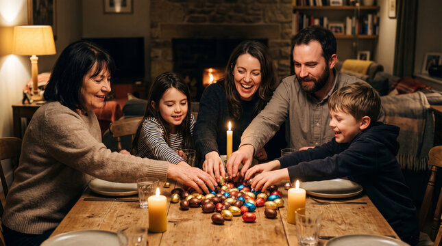 Family enjoys Easter egg hunt around a candlelit dinner table