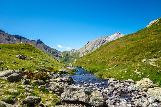Clear mountain stream flowing in alpine valley, France