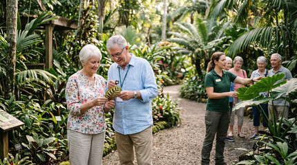 Obraz premium Tour guide explains plants to senior couple in lush botanical garden