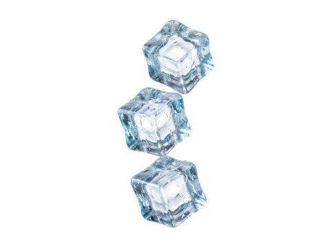 Three falling crystal clear ice cubes, tumbling blue frozen blocks for drinks isolated on transparent background