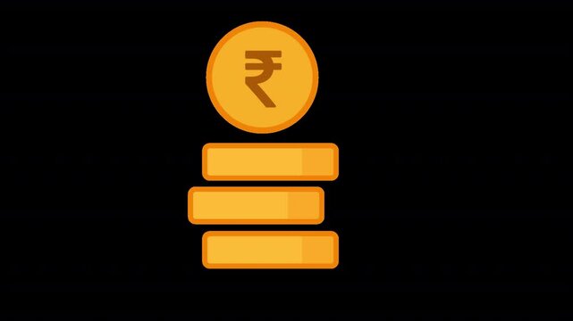 Animated Indian rupee coin stack graphic showing a rupee coin above layered currency bars on a transparent background. Six-second motion graphic for savings, wealth, finance, and business content.