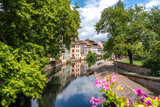 Canal and riverside park in Strasbourg France