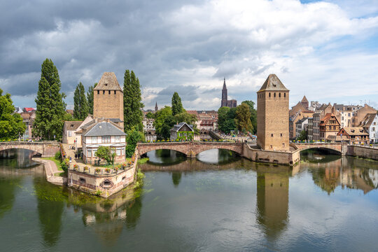 Ponts Couverts towers and canal in Strasbourg, France