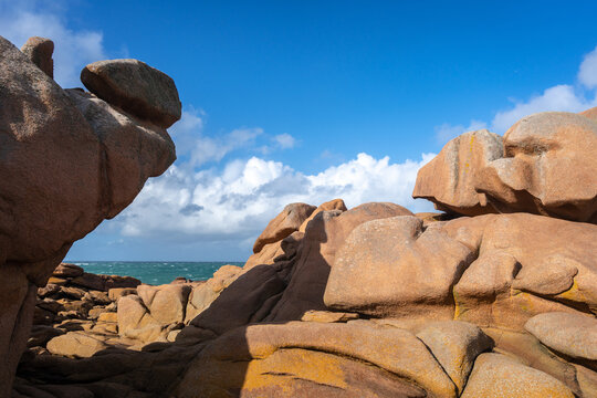 Granite head rock near Mean Ruz on Tregastel coast, Brittany, France