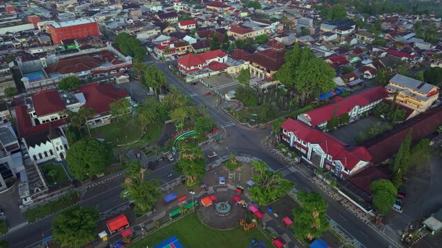 Aerial view of Wonosobo town center in Central Java, Indonesia.