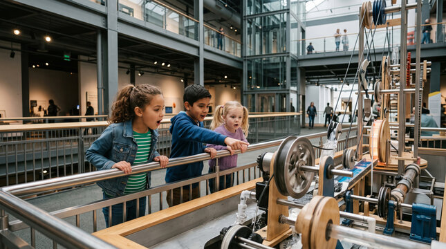 Children excitedly observe a complex pulley system at a science museum exhibit