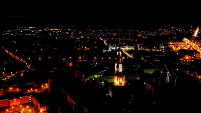 Sergiev Posad, Russia. The Trinity-Sergius Lavra is the largest male monastery of the Russian Orthodox Church with a long history. Located in the center of the city of Sergiev Posad. At night. Drone 