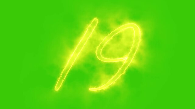 Glowing yellow gold number 19 Animation | Neon Alphabet Typography Motion Graphic. 19 number mathematics text on green background. Bright glowing number 19 countdown icon.