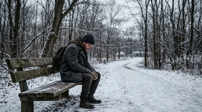 Stressed male feeling depressed and lonely on a park bench in winter
