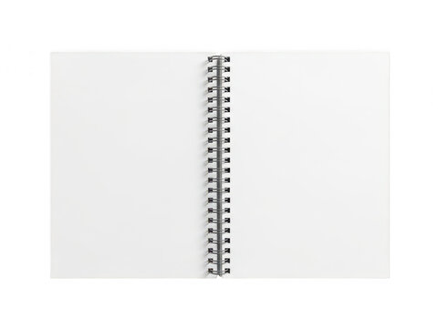 Open spiral notebook with blank white pages isolated on transparent background