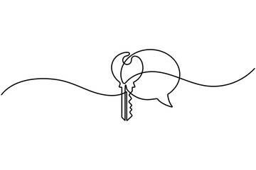 Obraz premium Key speech bubble continuous line art with editable stroke and minimal outline design