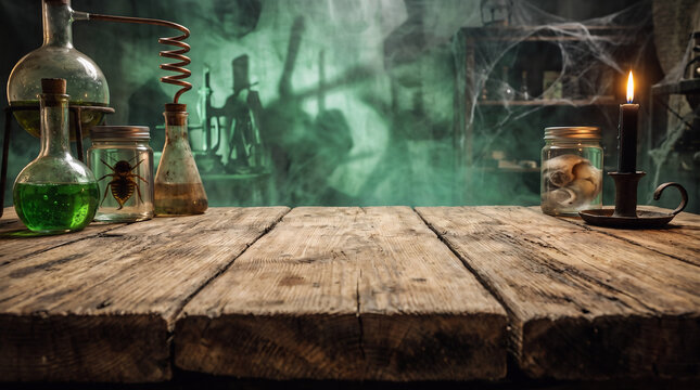 Halloween wooden table with green potion bottles and glass laboratory equipment, mysterious witchcraft alchemy scene with dark magical Halloween atmosphere