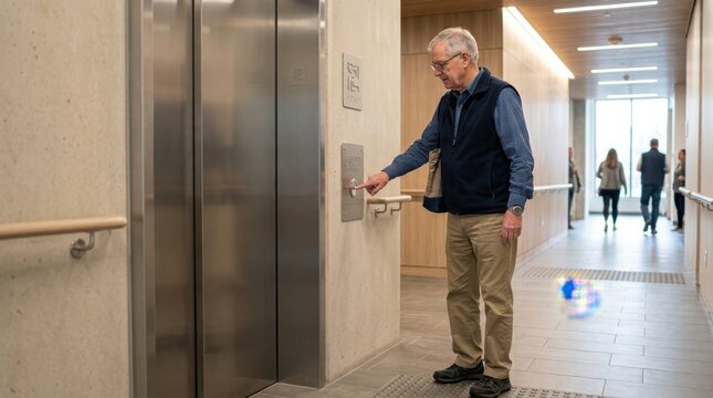 Elderly man presses elevator button in modern building hallway