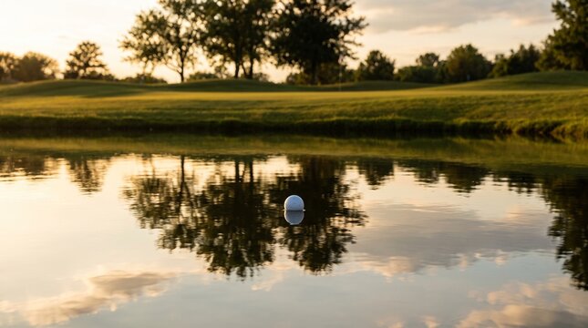 A peaceful golf course pond reflecting tall trees and a golden sunset sky in the late afternoon