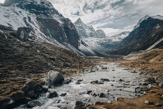Traditional Himalayan mountain lodge and yak beneath snowy peaks