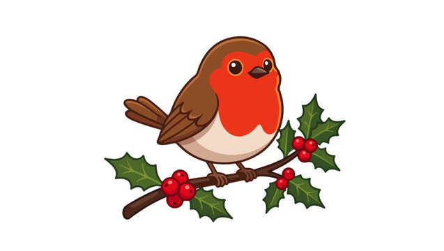 Adorable Cartoon Robin Bird Sitting on Holly Branch with Red Chest Feathers, robin, bird, cartoon, cute, christmas, holly, branch, illustration, isolated, white background, 