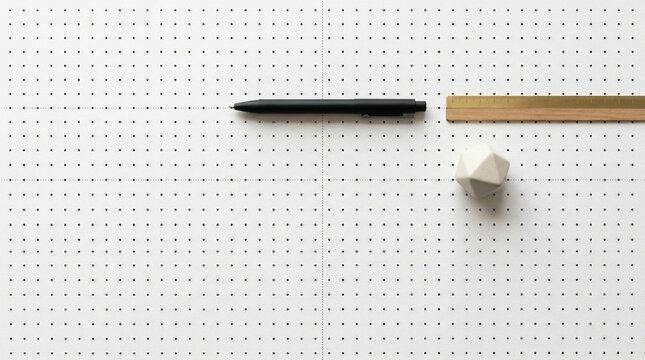 Minimalist desk setup: pen, ruler, eraser on white pegboard background