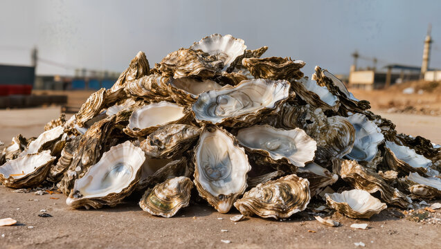 Oyster shell recycling pile showcasing stacked shells at recycling site. Oyster shells collected form large mound, representing marine waste management and environmental sustainability.