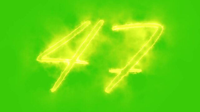 Glowing yellow gold number 47 Animation | Neon Alphabet Typography Motion Graphic. 47 number mathematics text on green background. Bright glowing number 47 countdown icon.
