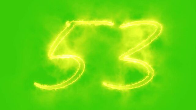 Glowing yellow gold number 53 Animation | Neon Alphabet Typography Motion Graphic. 53 number mathematics text on green background. Bright glowing number 53 countdown icon.