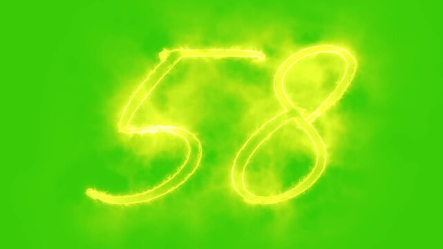 Glowing yellow gold number 58 Animation | Neon Alphabet Typography Motion Graphic. 58 number mathematics text on green background. Bright glowing number 58 countdown icon.