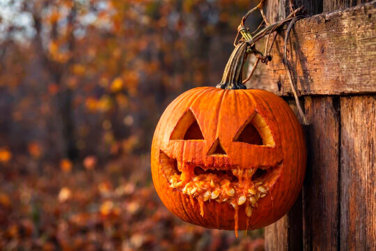 A scary jack‑o&rsquo;‑lantern pumpkin with an open mouth, hanging on an old fence. Happy Halloween!