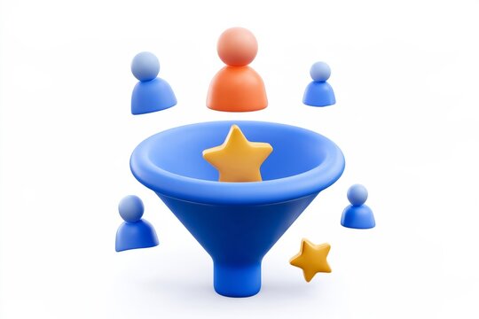 3D sales funnel icon with a gold star on a square button isolated on white background. Matte claymorphism marketing conversion concept.
