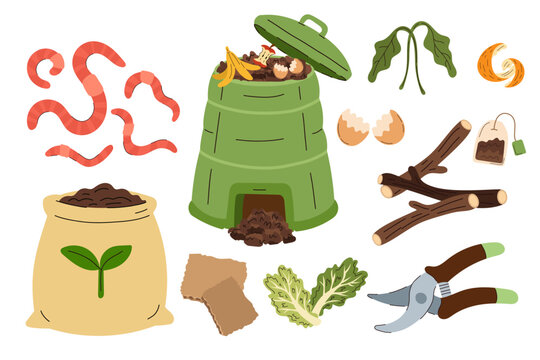 Garden composting set features a green compost bin, red earthworms, a bag of organic fertilizer, pruning shears, branches, cardboard, vegetable leaves, fruit peels, eggshells, and a used tea bag. 
