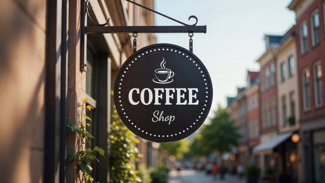 A round black coffee shop sign hanging on a building on a city street.