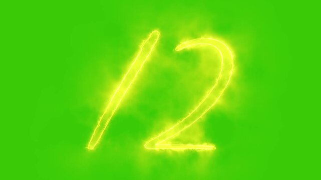 Glowing yellow gold number 12 Animation | Neon Alphabet Typography Motion Graphic. 12 number mathematics text on green background. Bright glowing number 12 countdown icon.